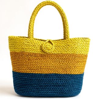 Striped Jute Casual Day Bag - Yellow, Gold, and Navy Tote