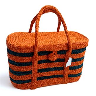 Orange & Black Striped Basket Tote - Picnic & Market Bag
