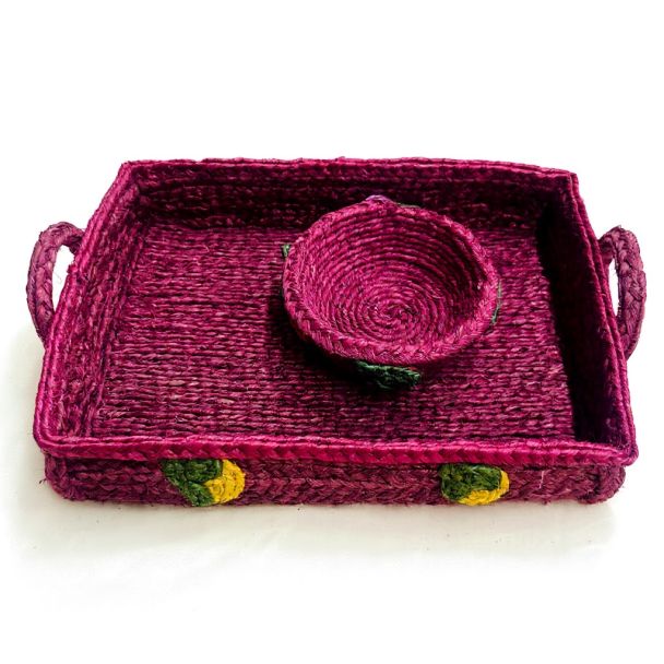 Maroon Jute Vanity Tray & Ring Dish Set - Storage Organizer