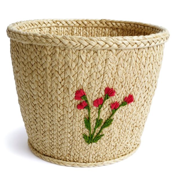 Natural Jute Storage Basket - Embroidered Home Organizer